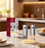 KYMQ-82A-BS Mini Rechargeable Electric Salt and Pepper Grinder Set with Wooden Base & Adjustable Coarseness | OEM Manufacturer - 图片 3