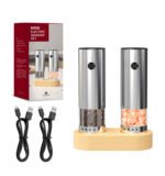 KYMQ-82A-BS Mini Rechargeable Electric Salt and Pepper Grinder Set with Wooden Base & Adjustable Coarseness | OEM Manufacturer