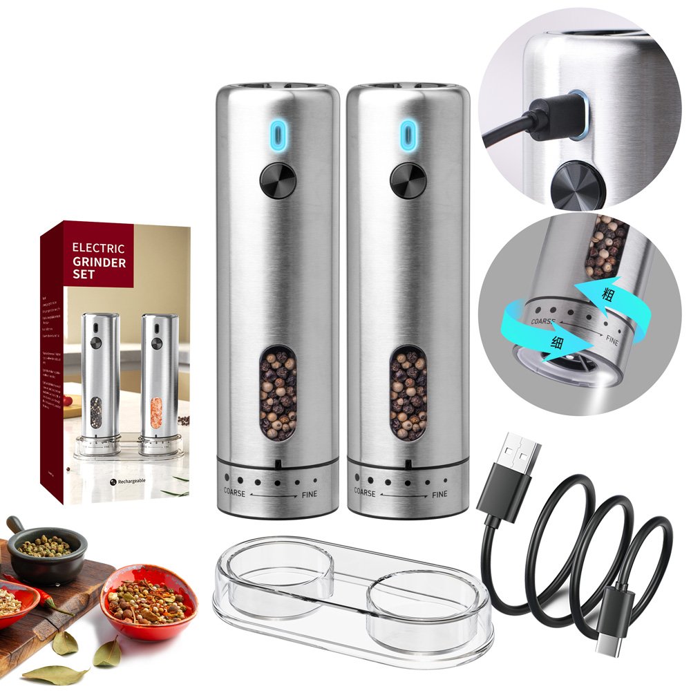 2.jpg KYMQ-75A-BS | Rechargeable Stainless Steel Salt and Pepper Grinder Set with Charging Base - 图片 1
